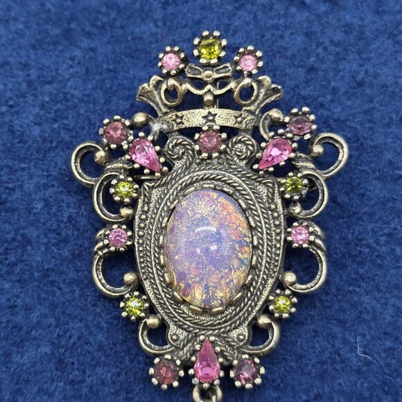 Vintage Sarah Coventry Contessa Brooch Pendant Pin Filigree Crown Pink Opal - Picture 2 of 6